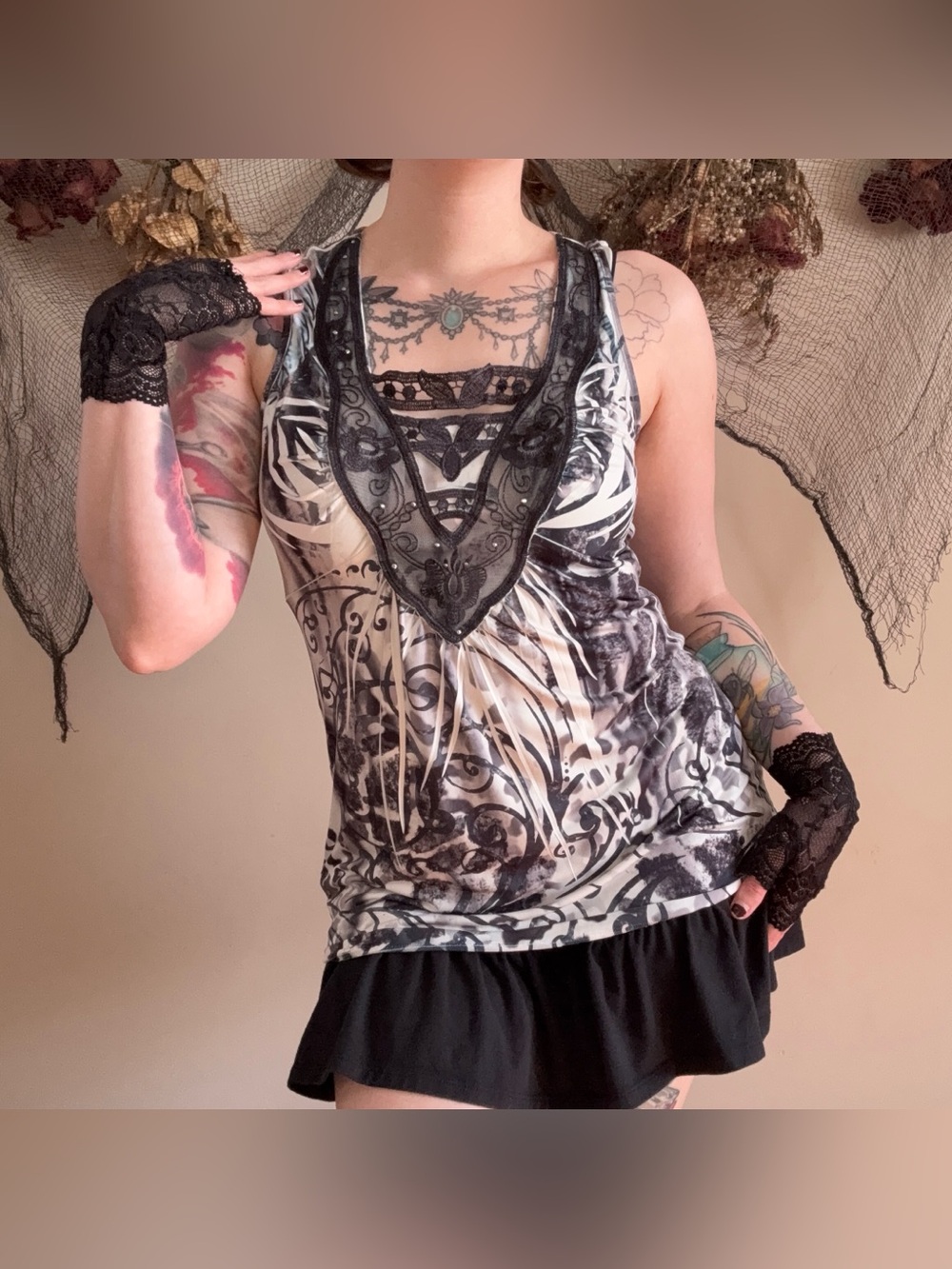 black & white lace tank top with gems and abstract swirl design | y2k mall goth